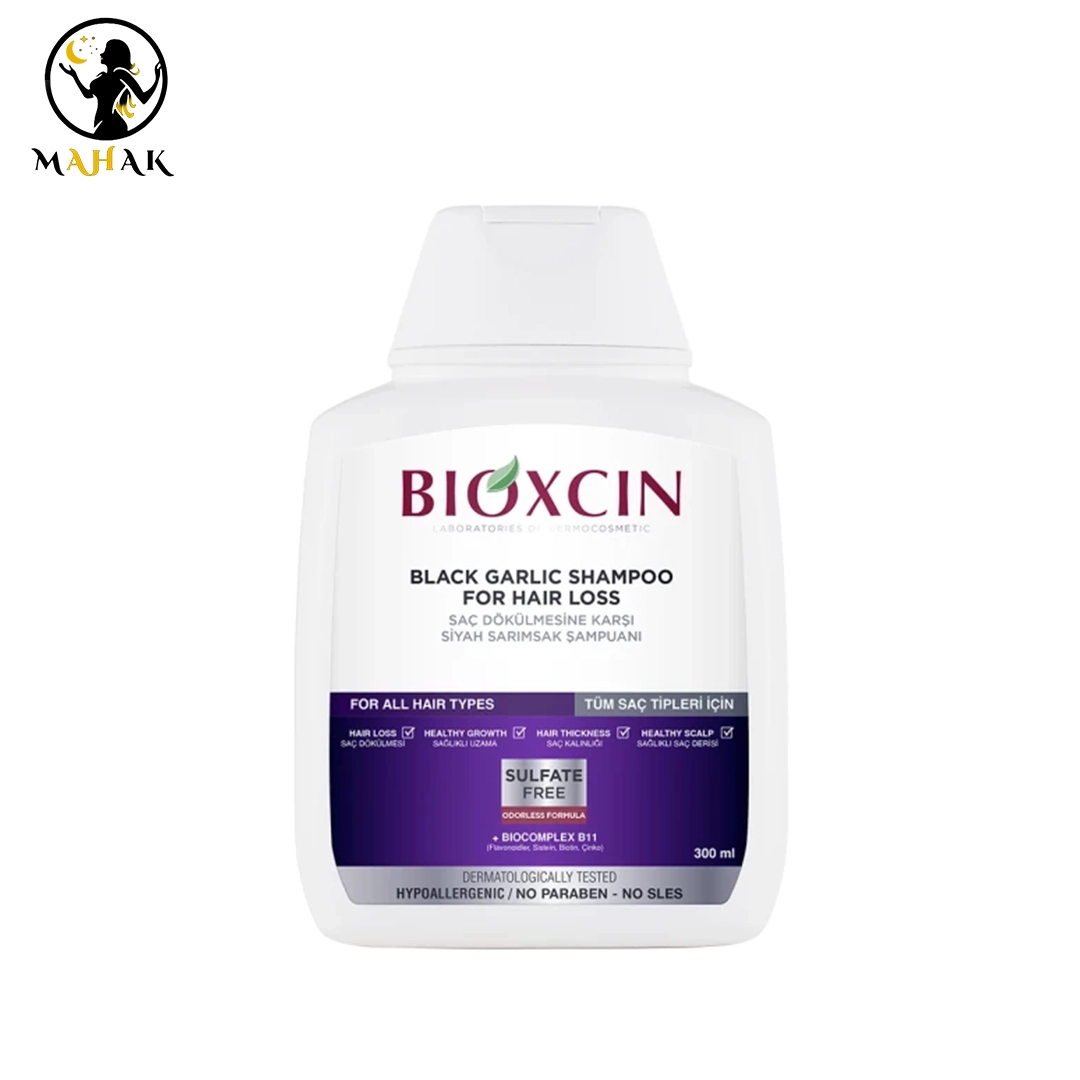 شامپو بدون سولفات تقویت کننده سیر سیاه بیوکسین BIOXCIN مدل Black garlic اصل — تصویر ۲
