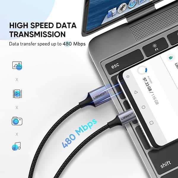 کابل شارژ و دیتا 3 آمپر USB-C Male به USB 2.0 A Male یوگرین مدل US288 — تصویر ۵