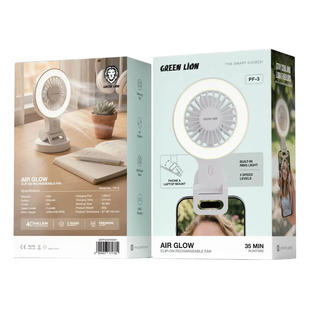 پنکه گیره‌ای شارژی گرین لاین مدل Green Lion Air Glow Clip-On Fan با رینگ لایت — تصویر ۴