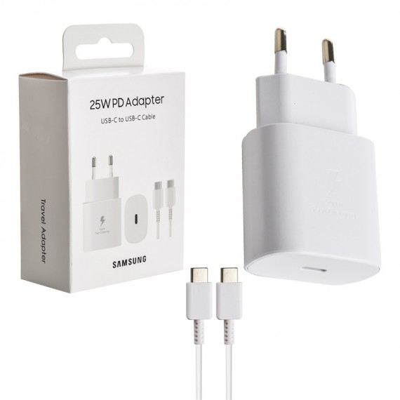 شارژر اورجینال SAMSUNG 25W مدل 2 پین همراه با کابل Type-C سفید