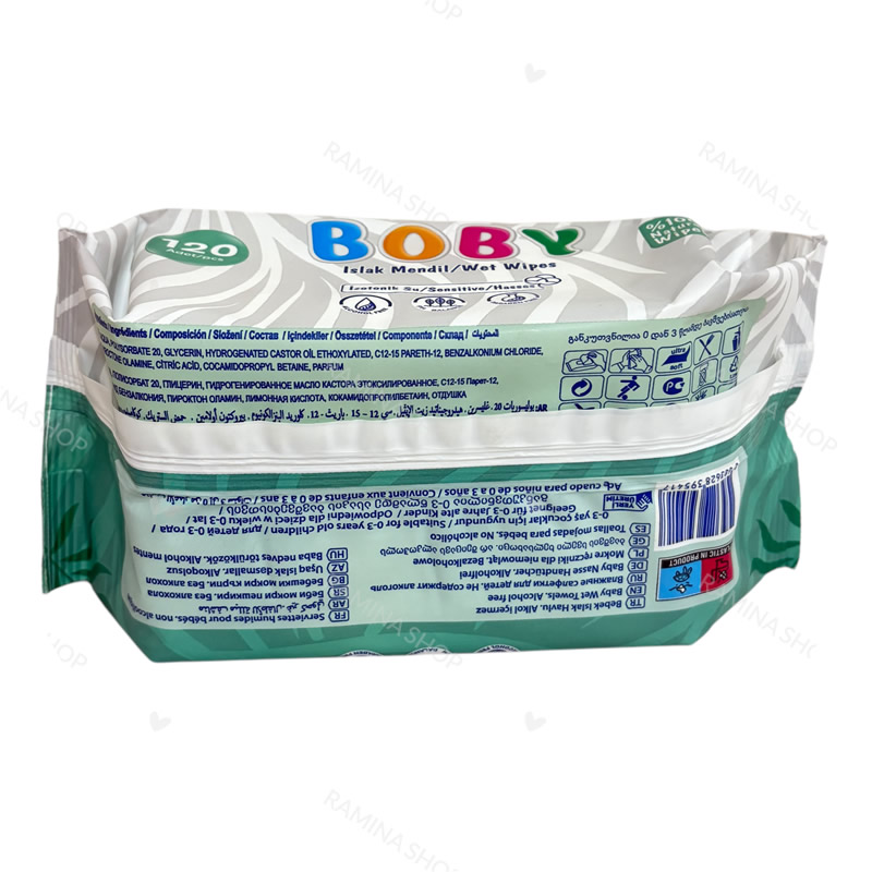 دستمال مرطوب کودک برای پوست های حساس 120 عددی طرح شیر بابی Boby — تصویر ۴