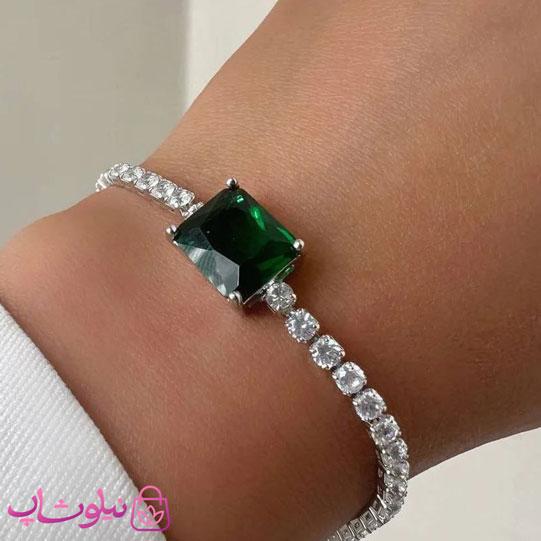 دستبند زنانه تنیسی با نگین سبز