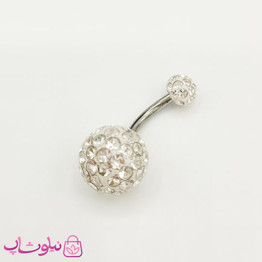پیرسینگ ناف طرح توپی نگیندار نقره ای سفید کد 110