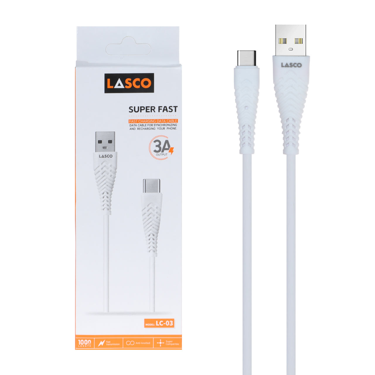 کابل شارژ فست Lasco Type-C مدل LC-03 – سفید – DST (گارانتی شش ماهه) — تصویر ۲