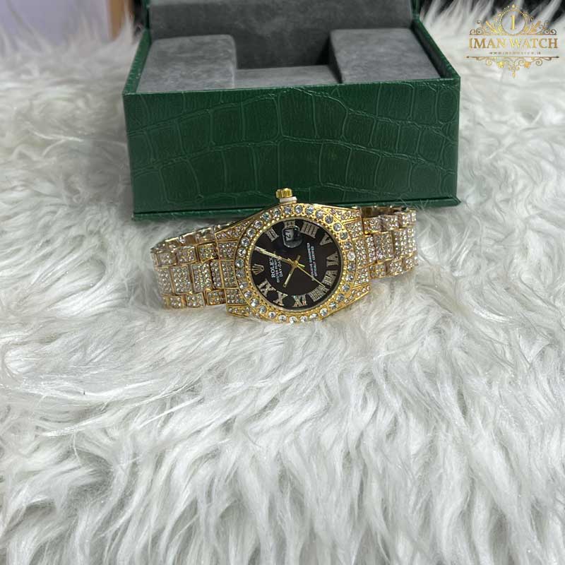 ساعت مچی رولکس فول نگین طلایی صفحه مشکی ROLEX DAYTE JUST 1050 — تصویر ۴