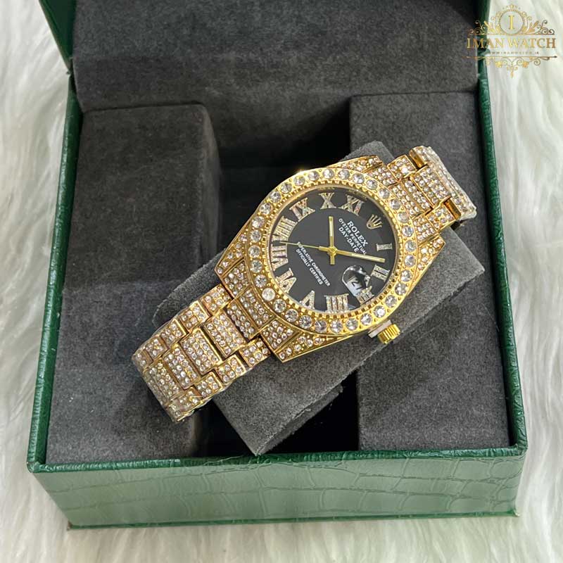 ساعت مچی رولکس فول نگین طلایی صفحه مشکی ROLEX DAYTE JUST 1050 — تصویر ۳