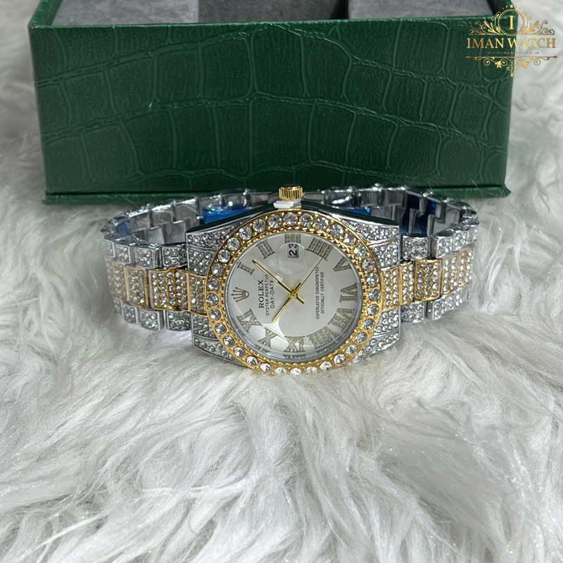 ساعت مچی رولکس فول نگین دو رنگ طلای استیل صفحه سفید ROLEX DAYTE JUST 1023 — تصویر ۴