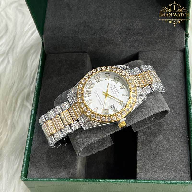 ساعت مچی رولکس فول نگین دو رنگ طلای استیل صفحه سفید ROLEX DAYTE JUST 1023 — تصویر ۳