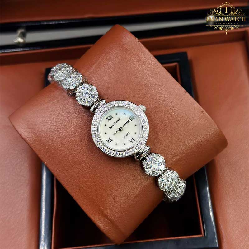 ساعت مچی زنانه رویال کرون نقره ای فول نگین Royal Crown 8035 — تصویر ۲