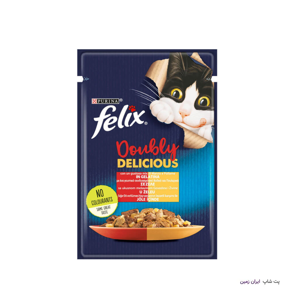 غذای پوچ گربه فلیکس با طعم میکس مرغ و گوشت گاو وزن 85 گرم ا Felix Pouch Beef and Chicken in Jelly 85gr