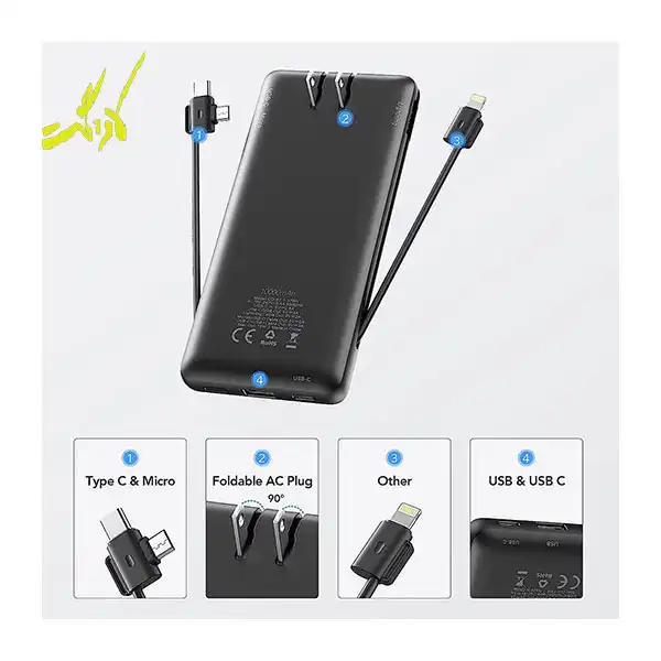 پاوربانک برند ورورک مدل VRURC ۱۰۰۰۰mAh Portable Charger with Built-In Cables and AC Wall Plug — تصویر ۳