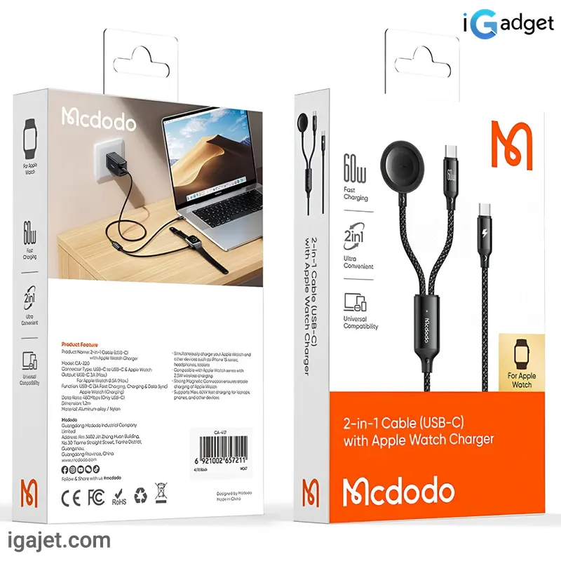 کابل فست شارژ تایپ سی و شارژر وایرلس اپل واچ مک دودو CA-2200 طول 1.2 متری 60 وات — تصویر ۸