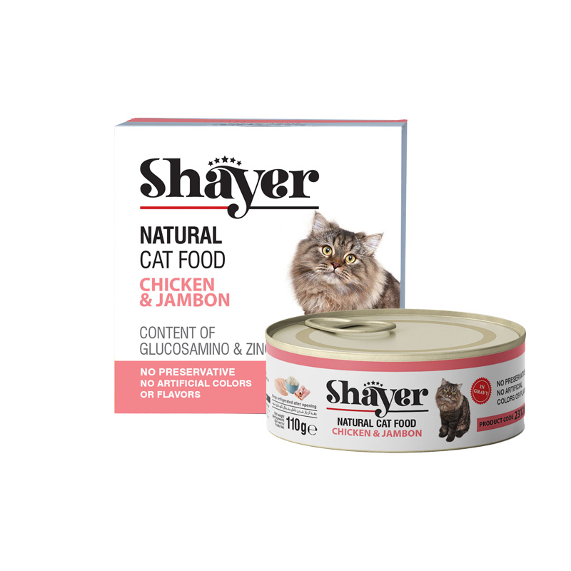 کنسرو غذای گربه با طعم مرغ و ژامبون در سس شایر Shayer Natural With Chicken & Jambon In Sauce گوشت وزن 110 گرم