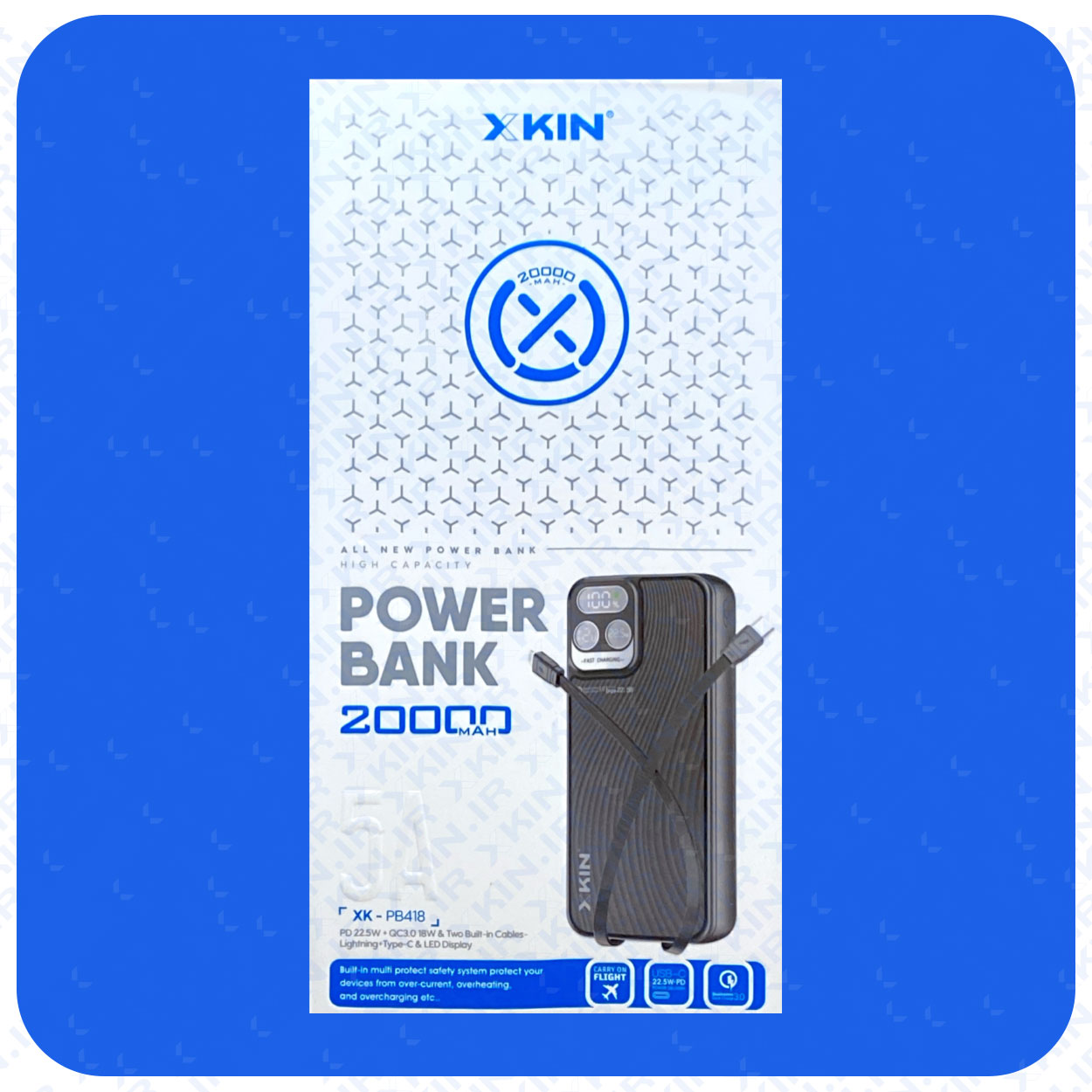 پاوربانک ایکس‌کین PB418 ظرفیت ۲۰۰۰۰ میلی‌آمپر با کابل‌های متصل تایپ C و لایتنینگ – شارژ سریع ۲۰ وات، دو خروجی همزمان، مناسب اندروید و آیفون