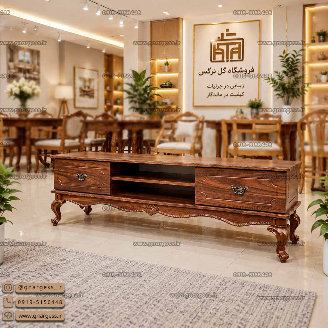 میز تلویزیون کلاسیک جدید طرح رویال سلطنتی سایز 160 سانت — تصویر ۲