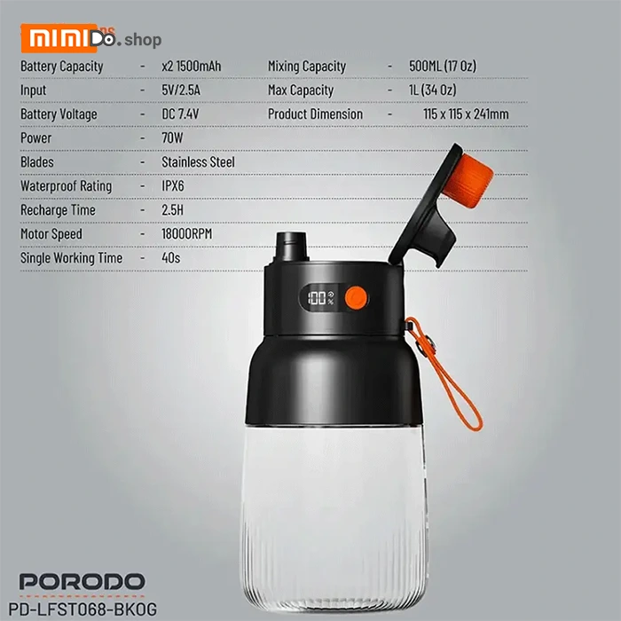 مخلوط کن قابل حمل پرودو Porodo Blend and Sip Portable Blender PD-LFST068 ظرفیت 1 لیتر — تصویر ۷