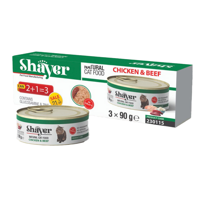 کنسرو غذای گربه با طعم مرغ و گوشت شایر Shayer Natural With Chicken & Beef بسته 3 عددی