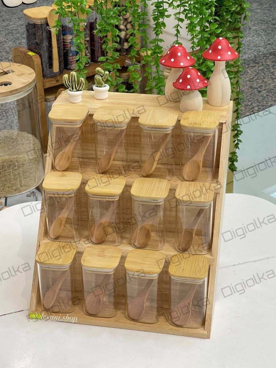 سرویس ادویه ۱۲ پارچه پیرکس با استند چوبی رابروود دو حالته