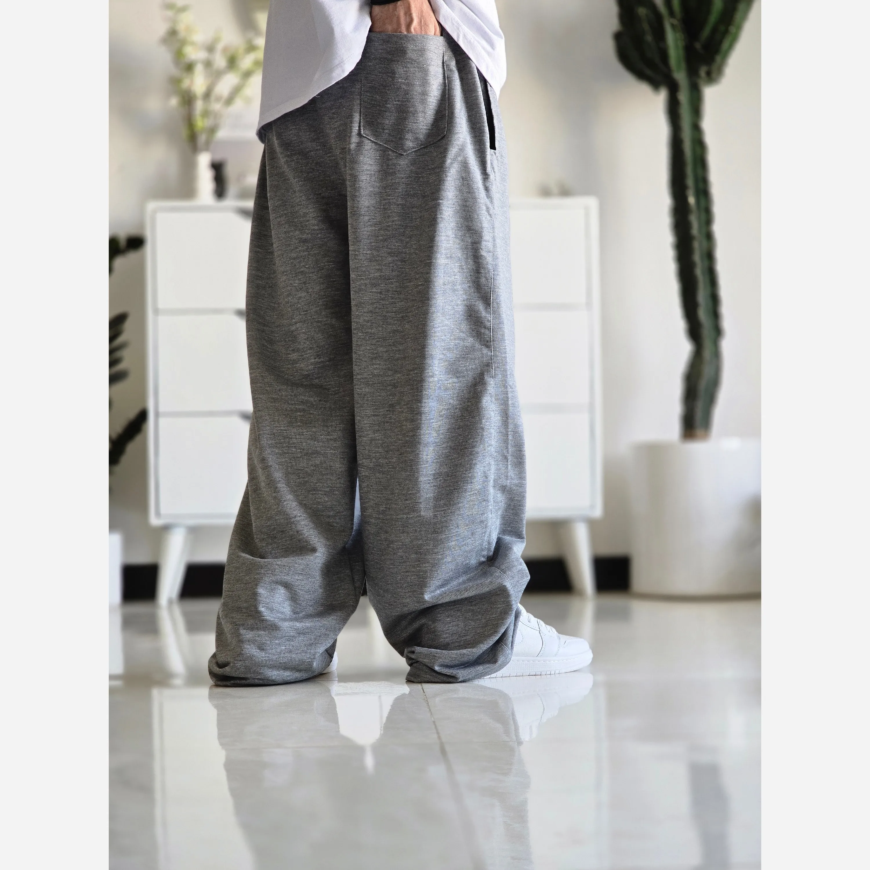 شلوار اسلش فول بگ پارچه ملانژ خنک رنگ طوسی و مشکی سایز بزرگ XXL و XXXL — تصویر ۸