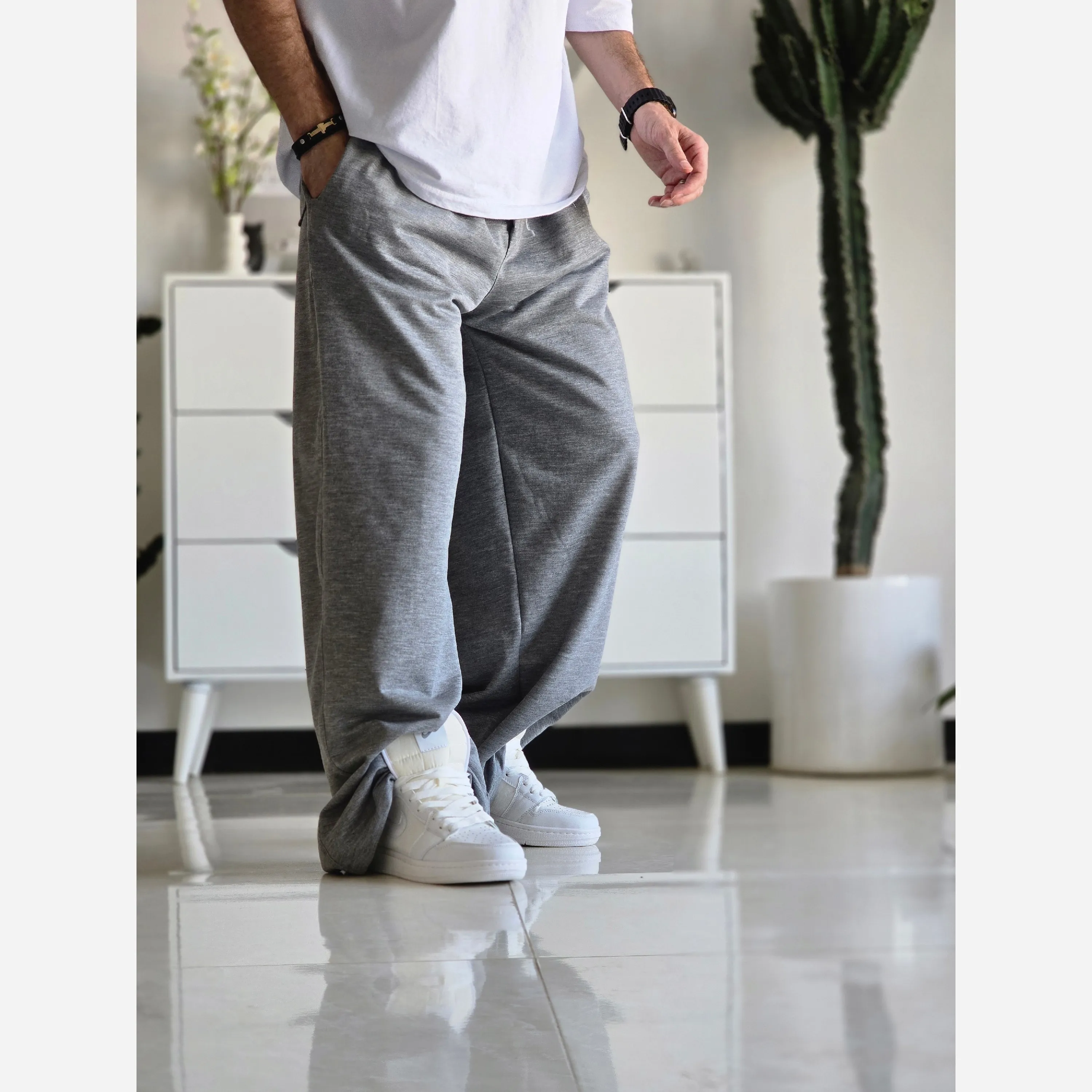 شلوار اسلش فول بگ پارچه ملانژ خنک رنگ طوسی و مشکی سایز بزرگ XXL و XXXL — تصویر ۳