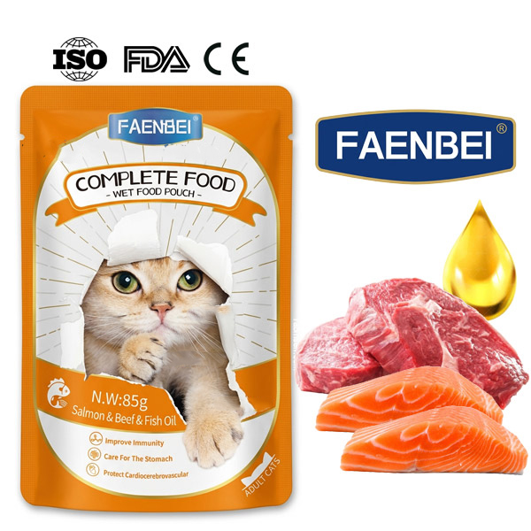 پوچ گربه فنبی با طعم سالمون، بیف و روغن ماهی Faenbei Cat Pouch With Salmon Beef & Fish Oil وزن 85 گرم