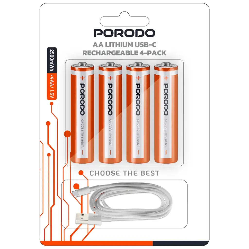 باتری قلمی قابل‌ شارژ AA Porodo USB‑C مدل PDAA25RB — تصویر ۲