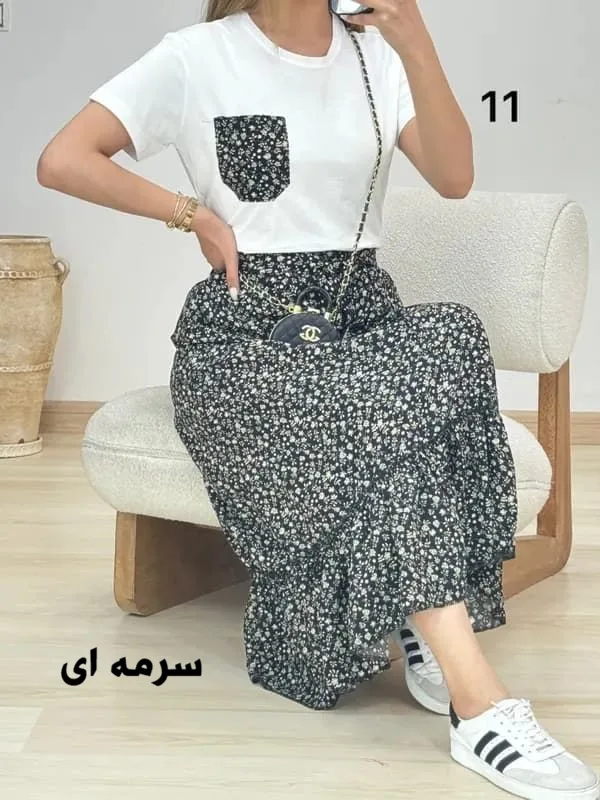 ست تیشرت دامن نخی طرح دار رنگبندی فری سایز — تصویر ۴