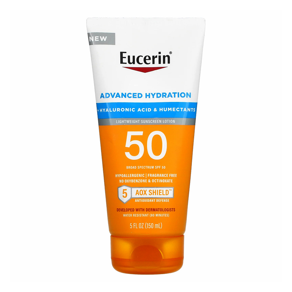 لوسیون ضدآفتاب و آبرسان اوسرین Eucerin Advanced Hydration Hyaluronic Acid Humectants SPF50 AOX Shield Sunscreen Lotion 150ml