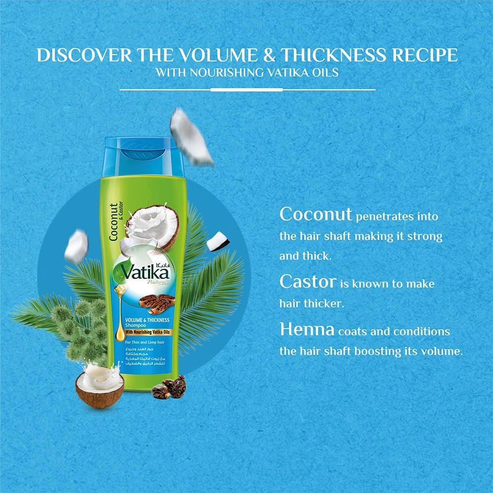 شامپو حجم دهنده نارگیل واتیکا Vatika Coconut and Castor Volume and Thickness Shampoo — تصویر ۴