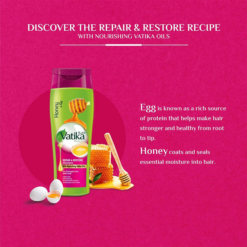شامپو ترمیم کننده ضد وز ضد موخوره عسل و تخم مرغ واتیکا Vatika Honey and Egg Repair and Restore Shampoo — تصویر ۴