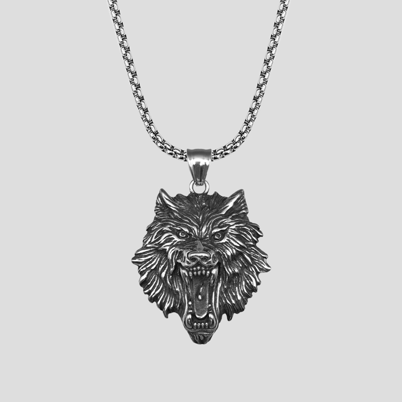 پلاک و گردنبند استیل طرح کله گرگ مدل Angry Wolf کد Njd-070d7 — تصویر ۲