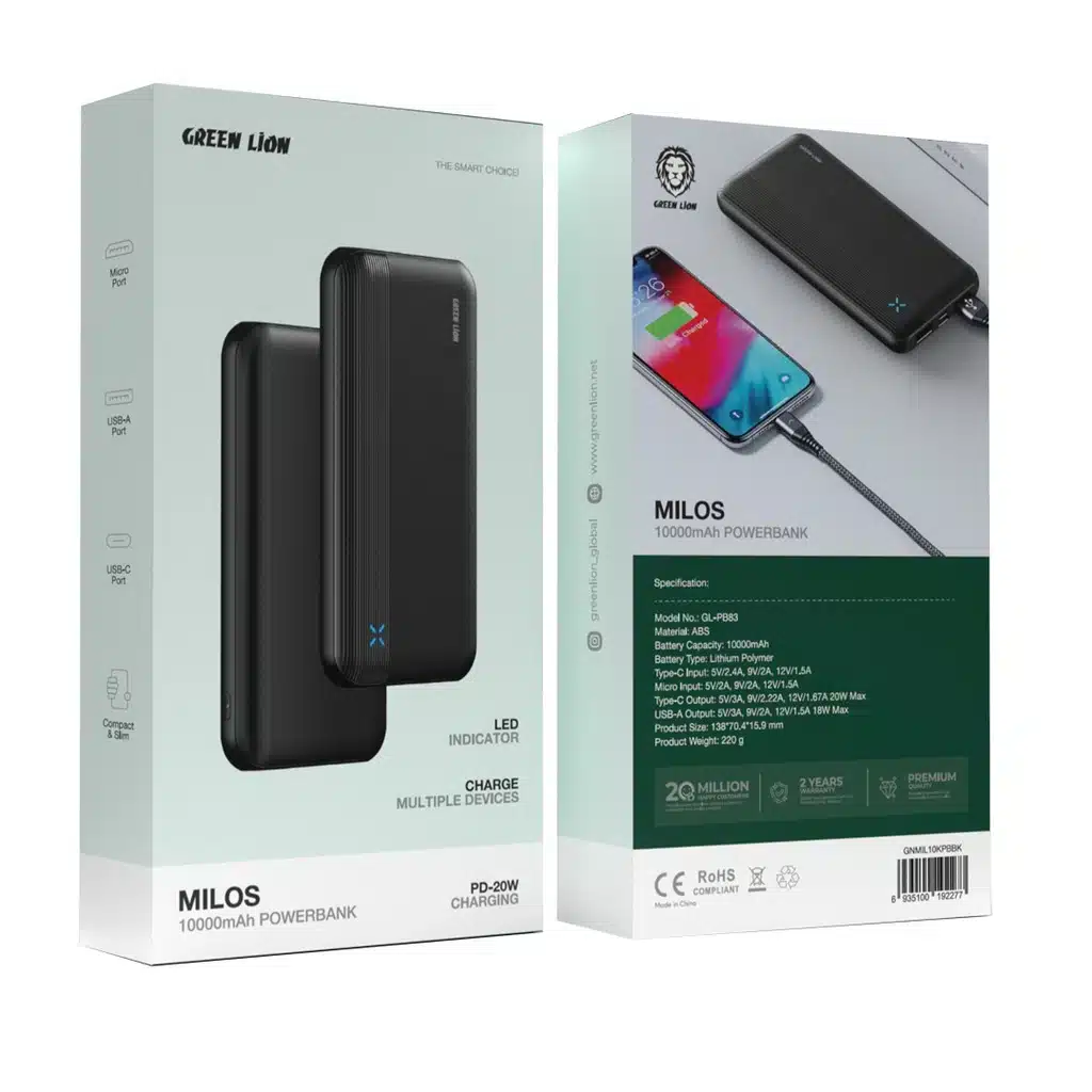 پاوربانک میلوس 10000 میلی آمپر گرین لاین Green Lion Milos 10000mAh Powerbank — تصویر ۳
