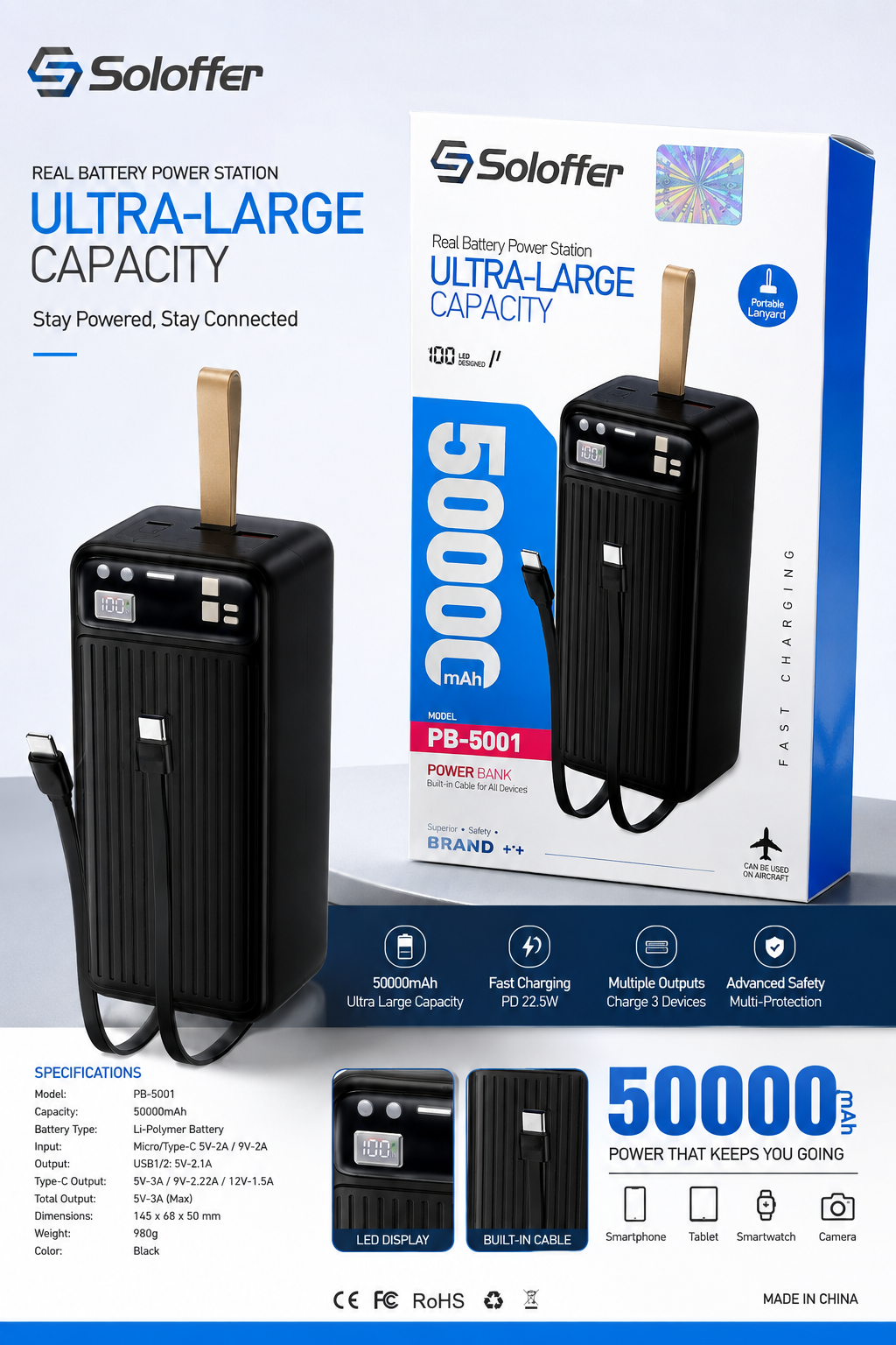 پاور بانک Soloffer مدل PB-5001 ظرفیت 50 هزار میلی آمپر