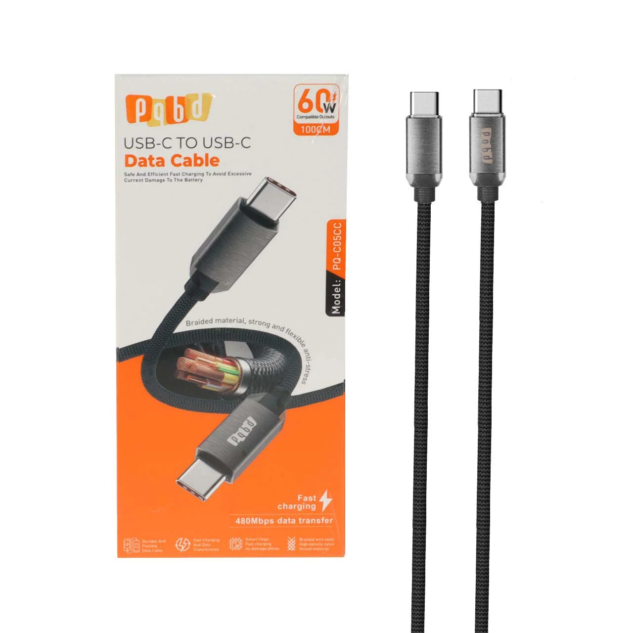 کابل شارژ فست pqbd Type-C To Type-C مدل PQ-C05CC 60W – مشکی — تصویر ۲