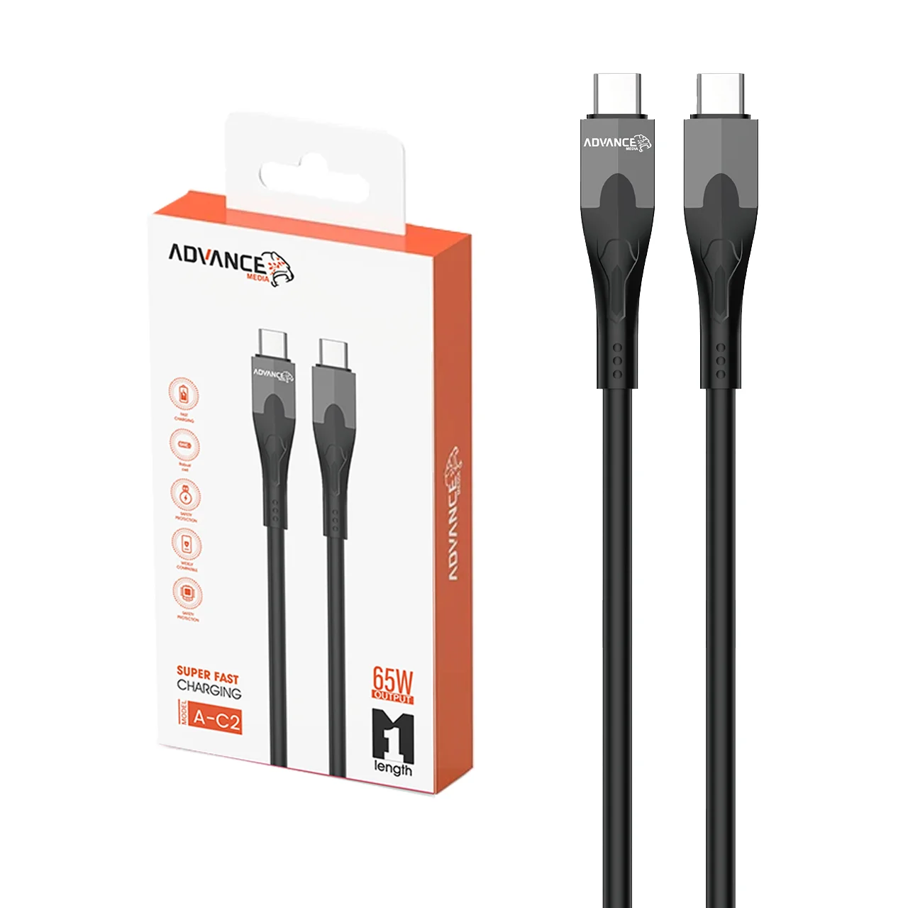 کابل شارژ PD و فست Advance Media Type-C To Type-C مدل A-C2 65W – مشکی (گارانتی یکساله ویستا حافظه) — تصویر ۲