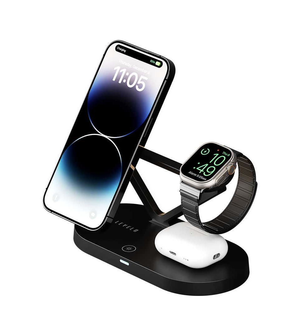 استند و شارژر وایرلس ۵ کاره لولو مدل Levelo Premio 5 in 1 MagSafe Wireless Charging Station 15W – Black