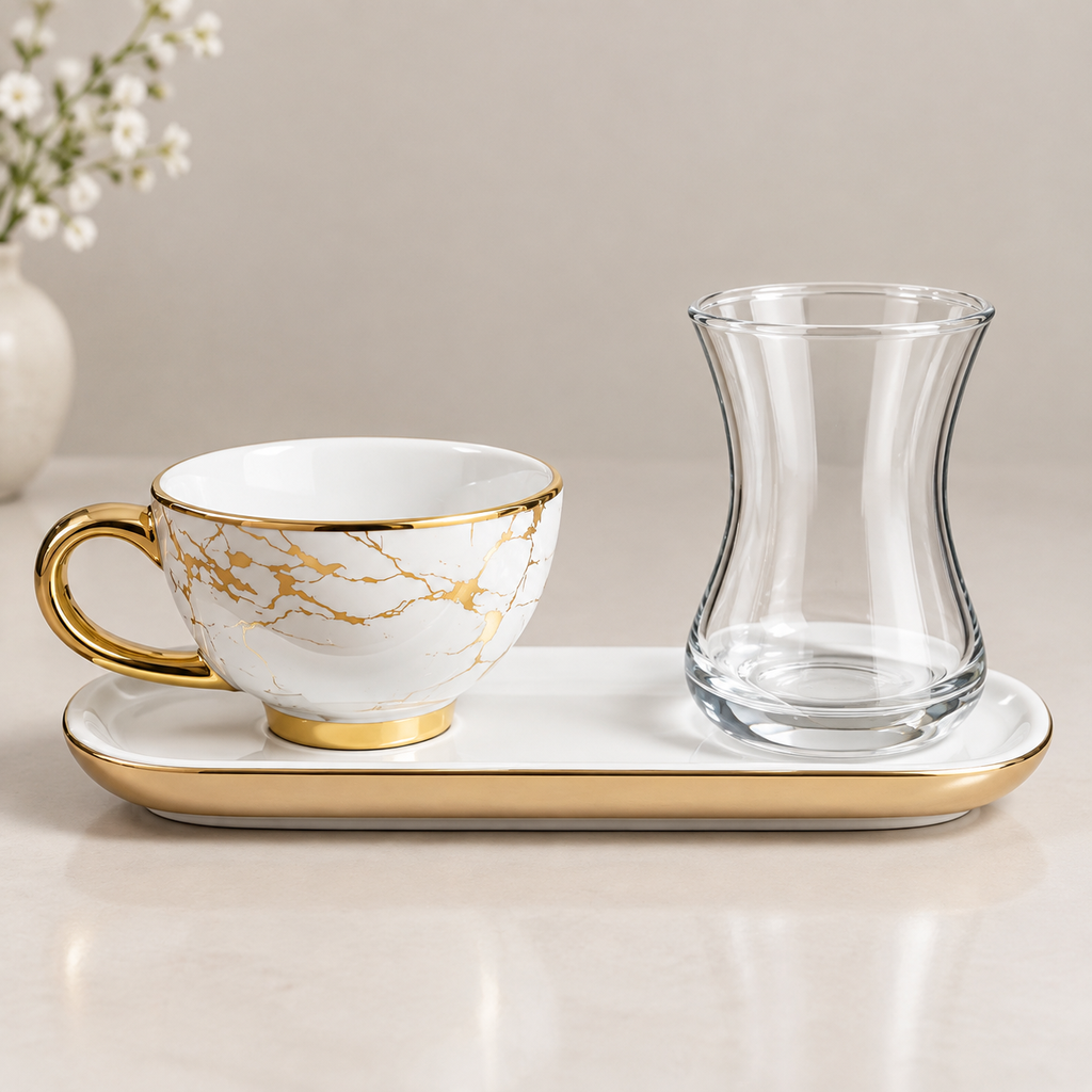 ست پذیرایی چای و قهوه طرح مرمر طلایی