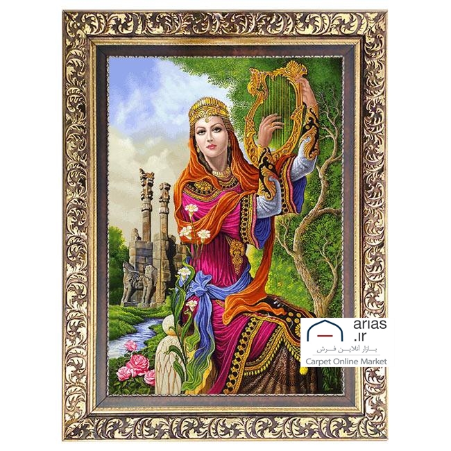 تابلو فرش ماشینی عمودی دختر چنگ زن کد T20143M — تصویر ۲