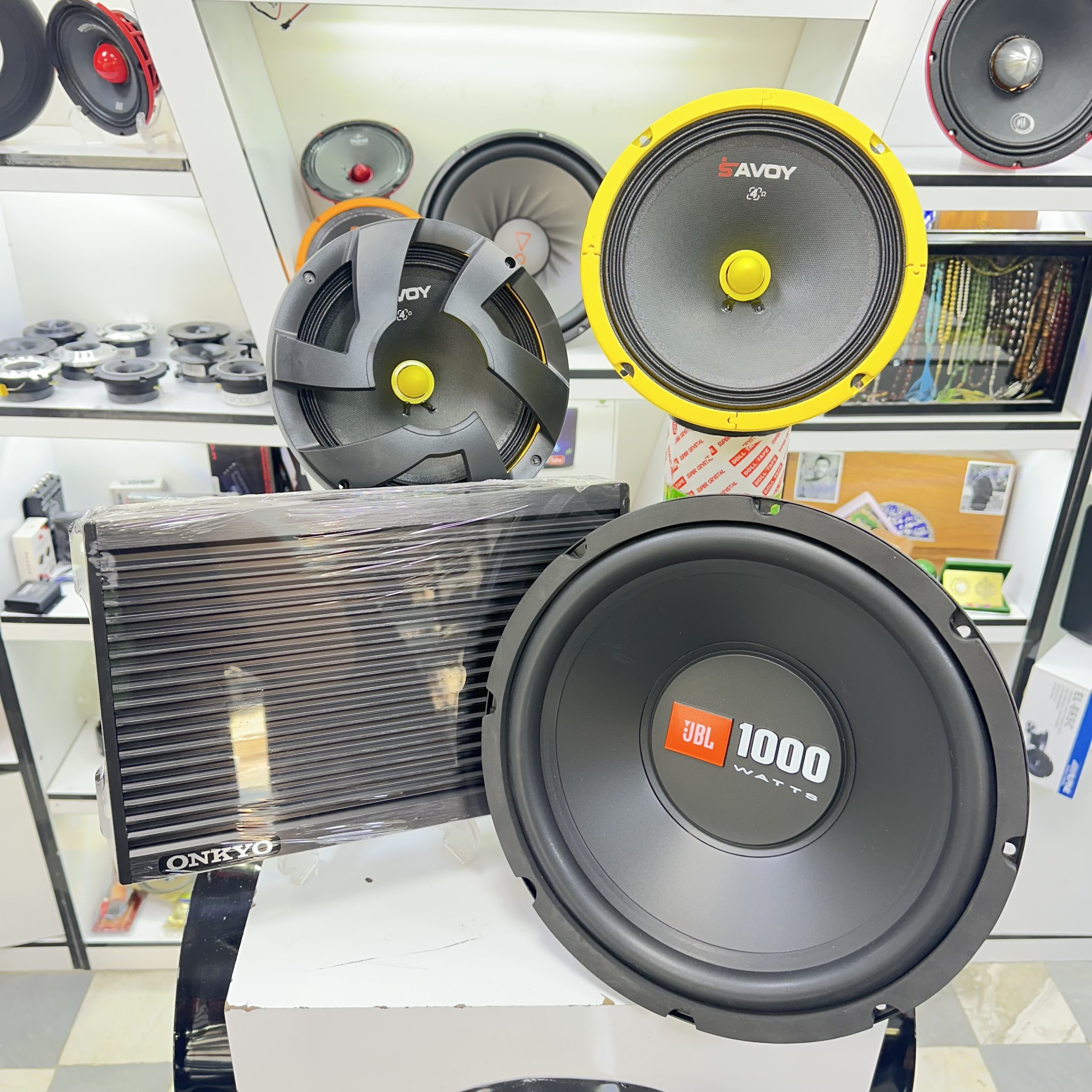 پک سیستم صوتی ساب ووفر JBL مدل 1214 سایز 12 بسته یک عددی + میدرنج ساووی مدل SV-88 سایز 8 اینچ بسته دو عددی + آمپلی فایر 4 کانال ONKYO قدرت هر کانال 80RMS بسته یک عددی