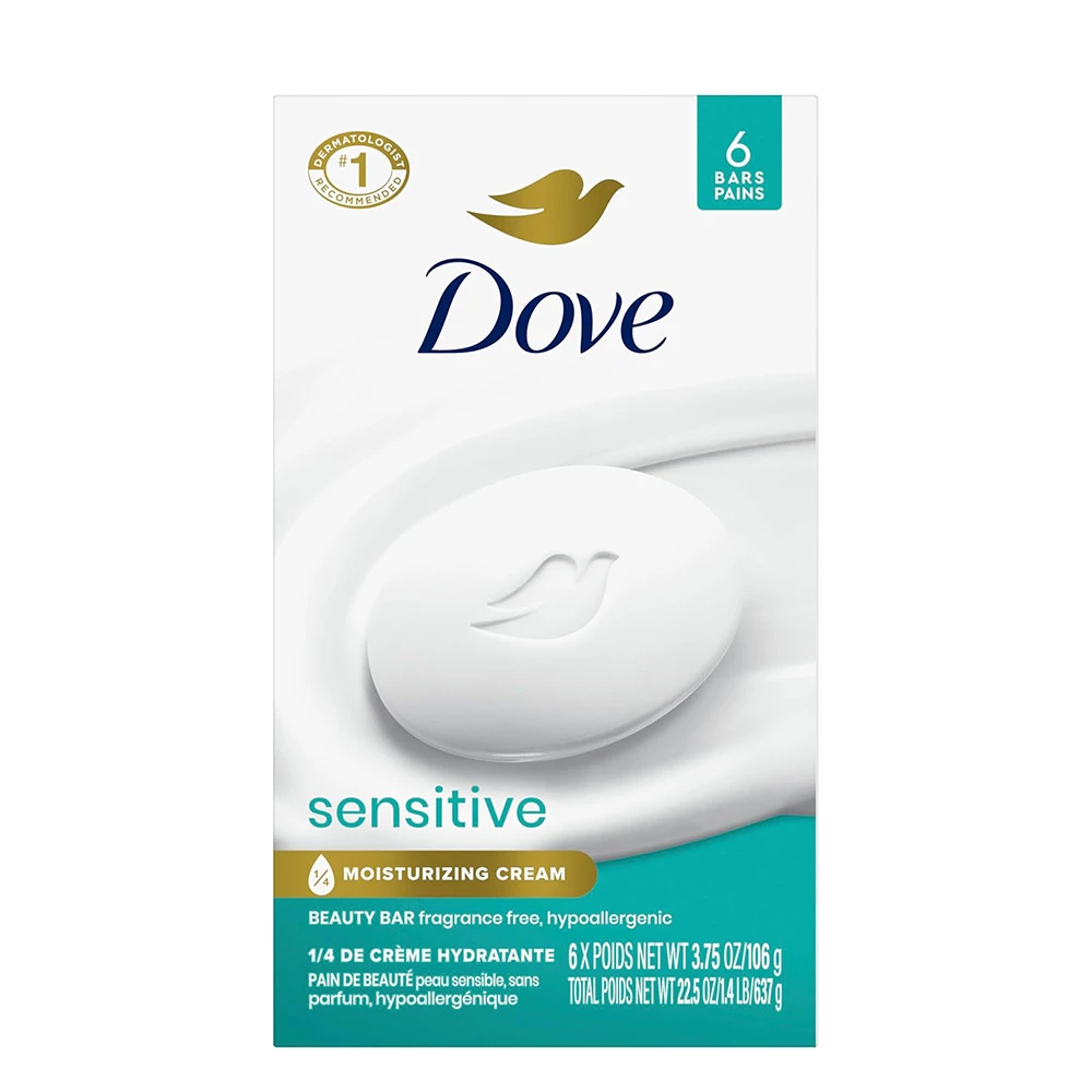 صابون مرطوب‌کننده داو کانادا مدل sensitive فاقد عطر و ضد حساسیت بسته 6 عددی