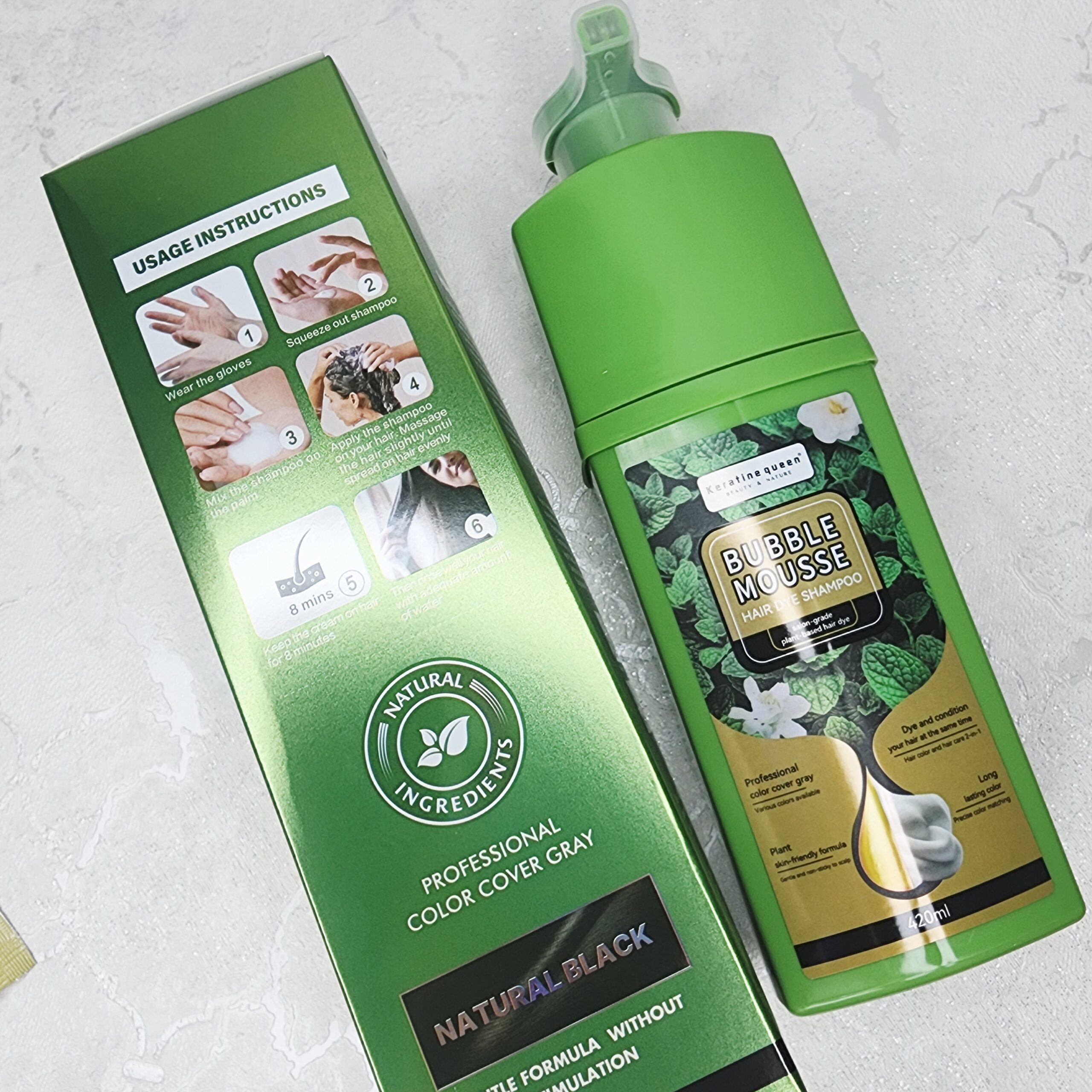 شامپو رنگ مشکی بابل موس اورجینال BUBBLE MOUSSE کراتین کوئین 420میل — تصویر ۳