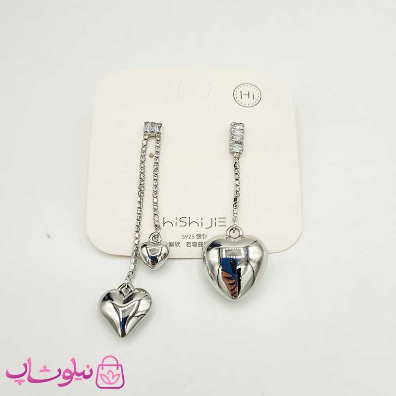 گوشواره دخترانه نگیندار با آویز قلب نقره ای — تصویر ۲