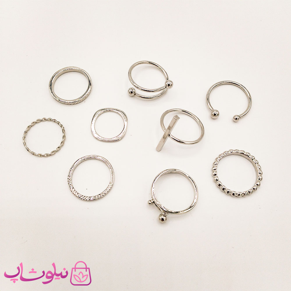 ست انگشتر و بند انگشتی نقره ای 9 عددی — تصویر ۲