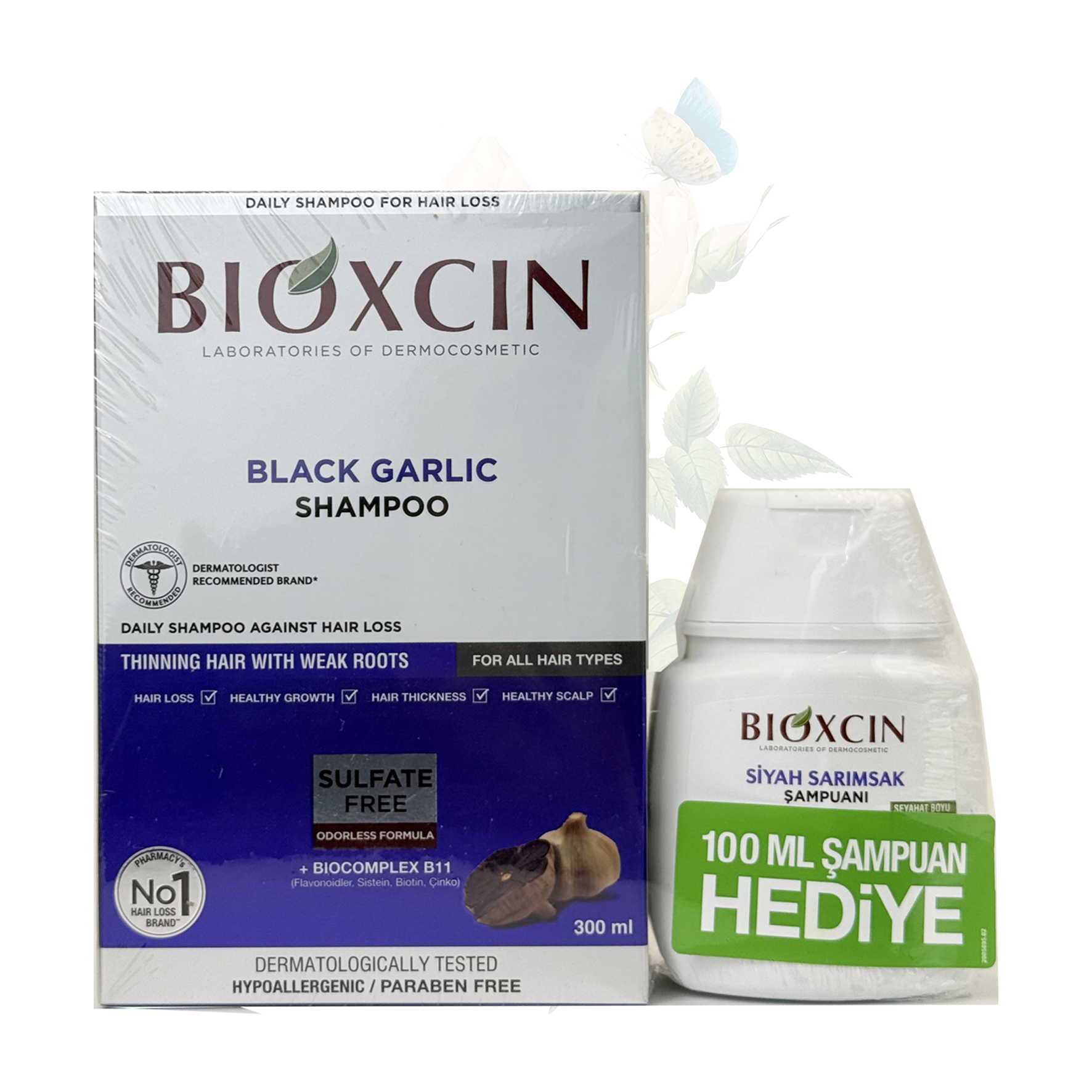 شامپو ضد ریزش موی بیوکسین Bioxcin حاوی عصاره سیر سیاه مناسب انواع مو حجم 300 میل + 100 میل هدیه