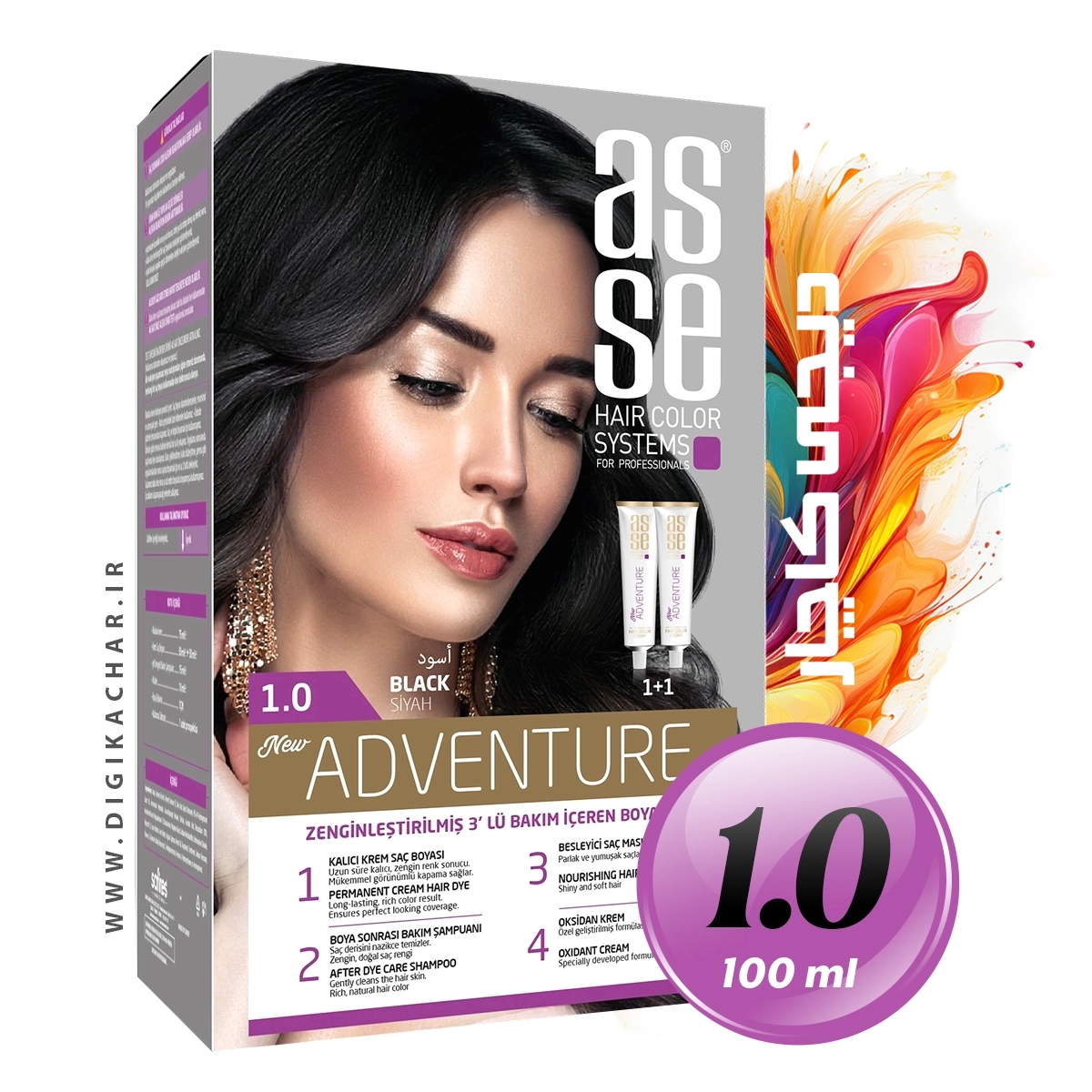 کیت رنگ موی بدون آمونیاک آسه ASSE مشکی شماره 1.0 حجم 50+50 میل