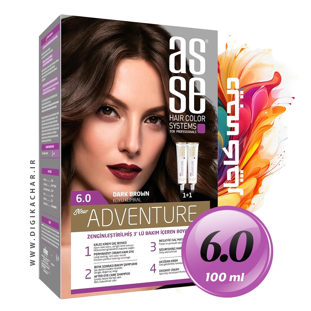 کیت رنگ موی بدون آمونیاک آسه ASSE قهوه ای تیره شماره 6.0 حجم 50+50 میل