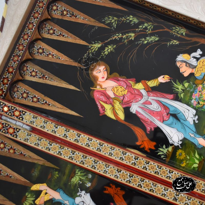 تخته نرد و شطرنج دالبر خاتمکاری نقاشی لیلی و مجنون کد 113 — تصویر ۵
