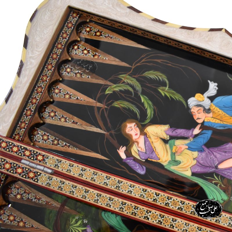 تخته نرد و شطرنج دالبر خاتمکاری نقاشی لیلی و مجنون کد 112 — تصویر ۶