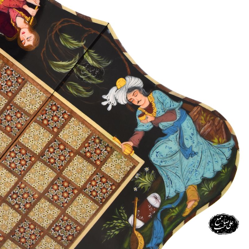 تخته نرد و شطرنج دالبر خاتمکاری نقاشی لیلی و مجنون کد 112 — تصویر ۵