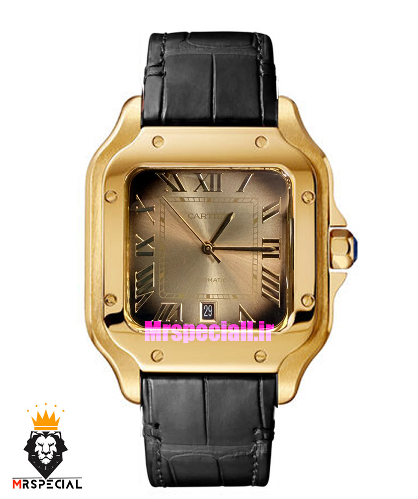 ساعت کارتیه مردانه دسانتوس اتوماتیک طلایی چرم مشکی صفحه بژ 021563 Cartier Santos de